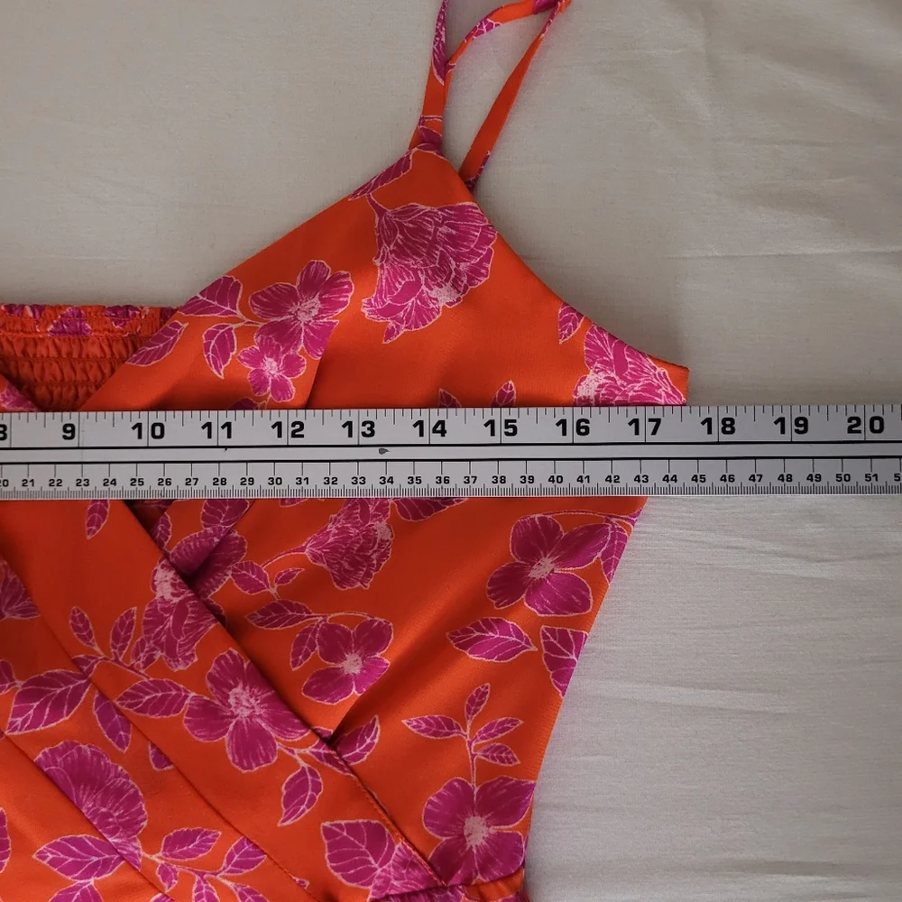 Eliza J Med Orange Floral Asymmetrical Midi Strappy Dress Smocked Tie Flowy - Picture 8 of 10